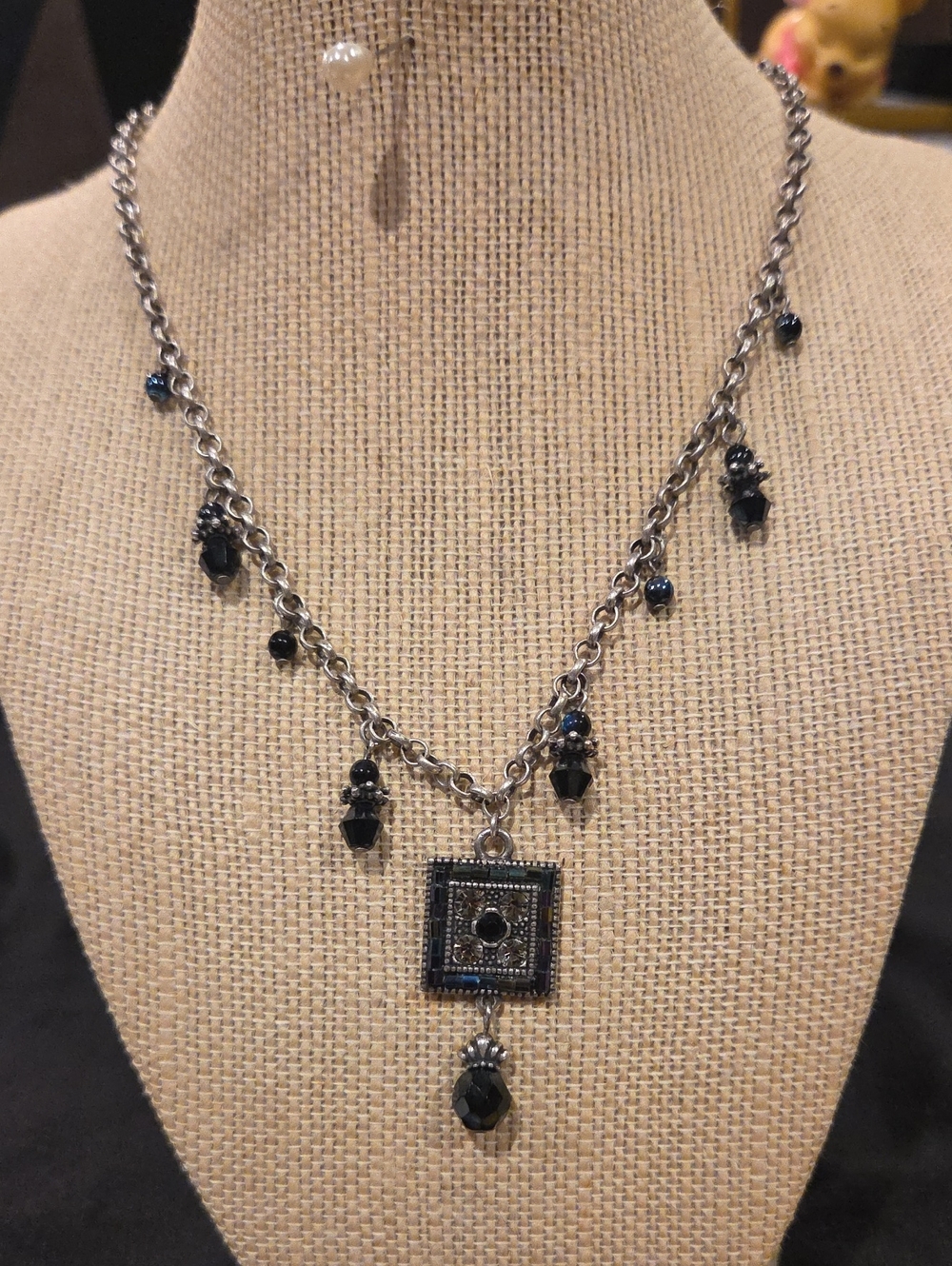 Premier Designs Black Bead Square Pendant Necklace